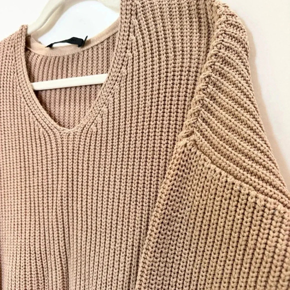 Jenni Kayne Cotton Cabin Sweater Oatmeal V Neck Oversized Knit Pullover Brown - Picture 9 of 13